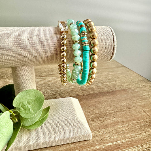 Bracelet Assorted Ball Beaded Stackable Set - Teal