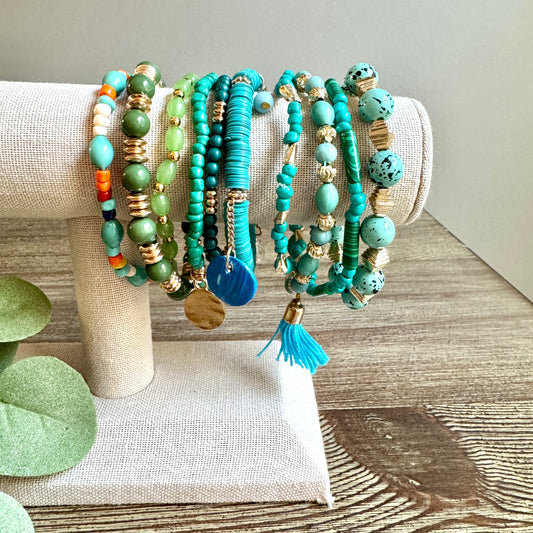 Assorted Turquoise Beaded Tassel Bracelet Set