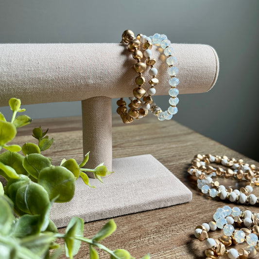 Bracelet Stackable Assorted Stone Beaded Set - White & Gold
