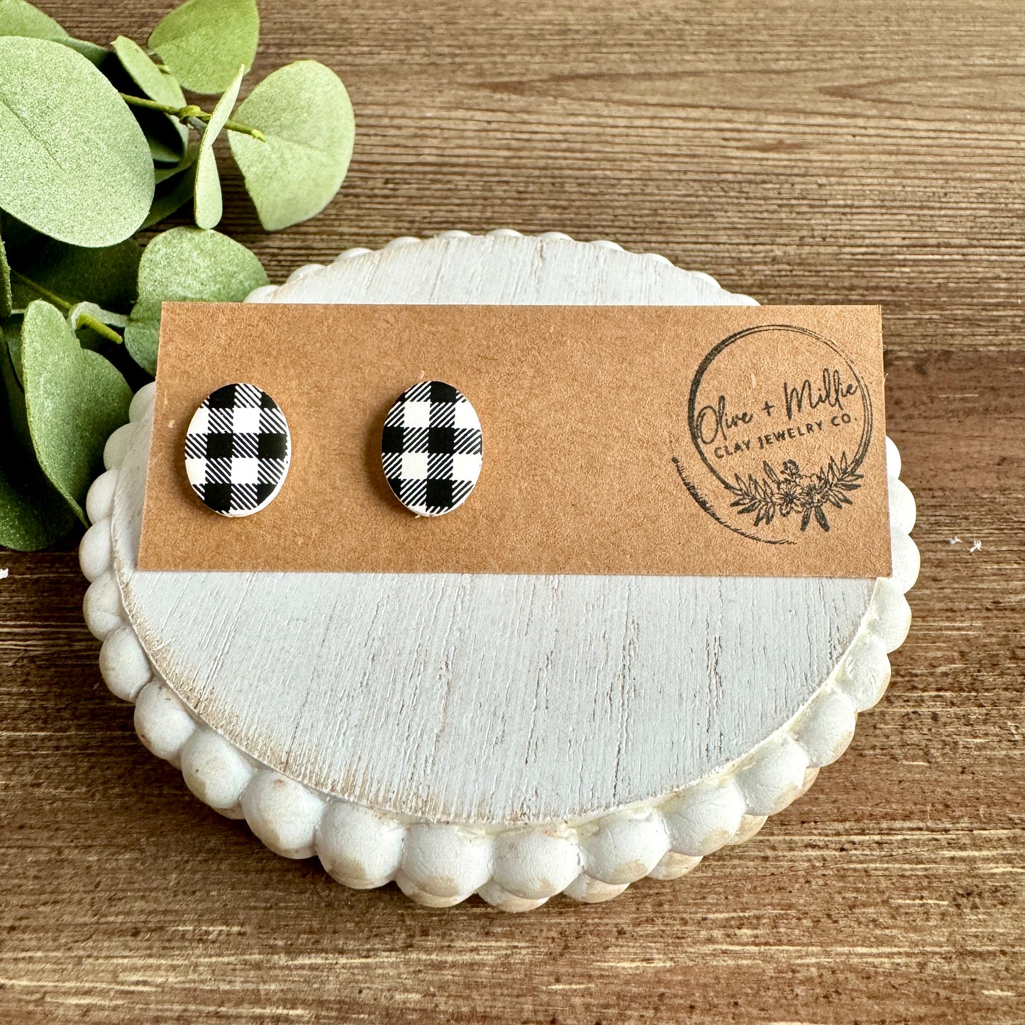 Plaid Oval Studs - Black