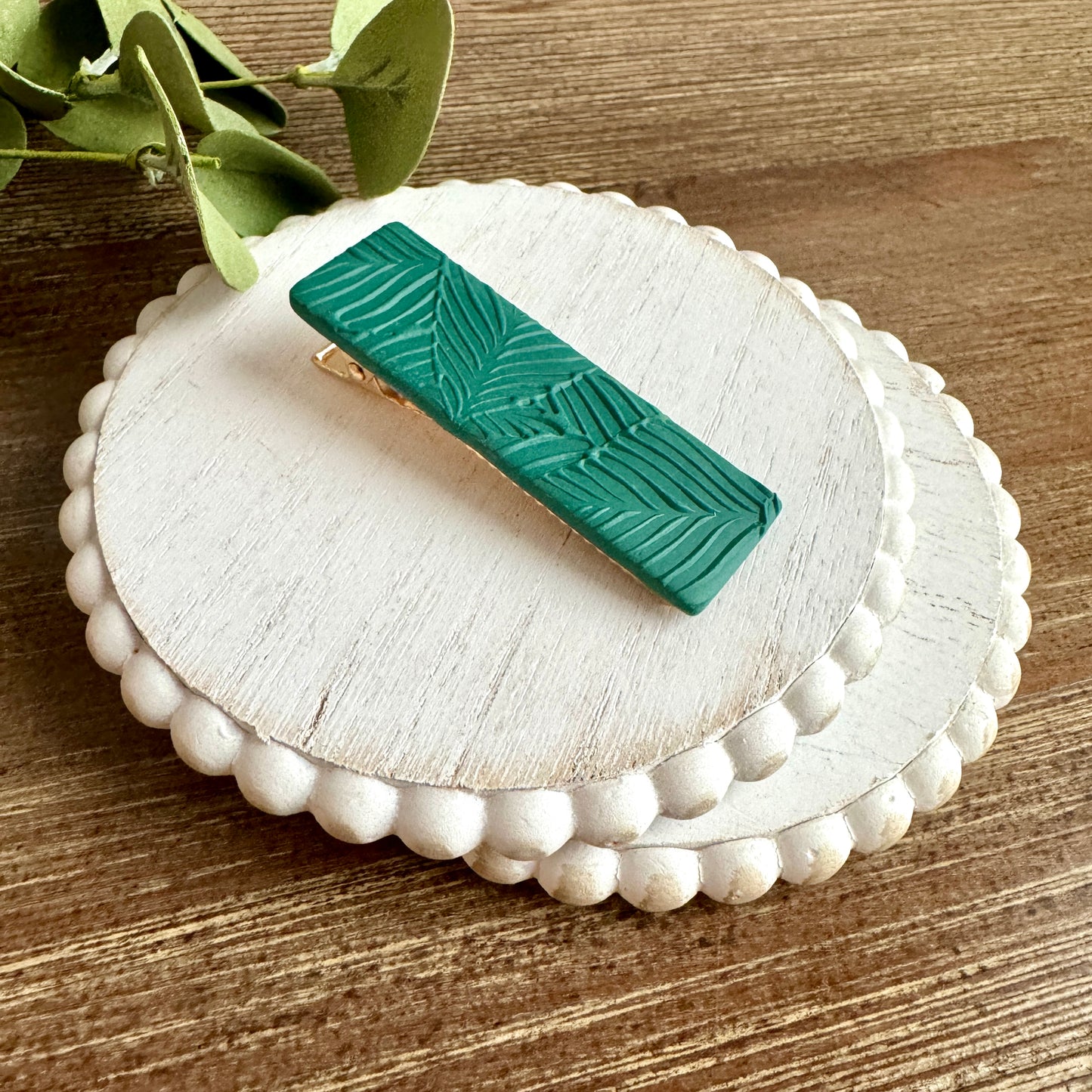 Barrette - Rectangular Teal Leaf Embossed