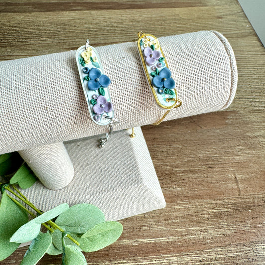 Bracelet - Clay Pendant Yellow, Blue, Purple Orchids