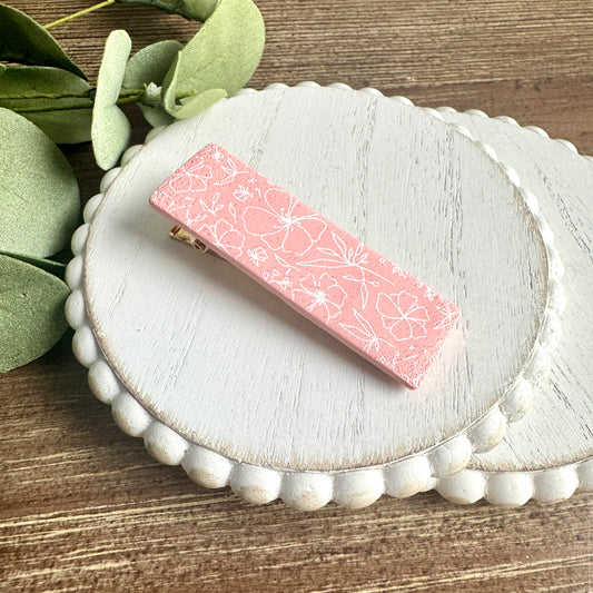 Barrette - Rectangular Light Coral with White Florals