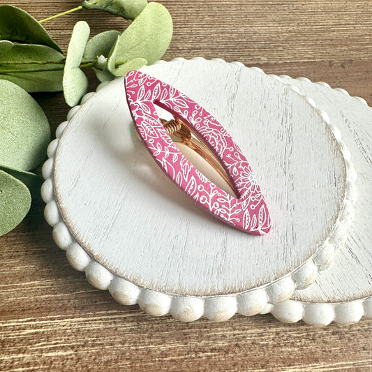 Barrette - Oval Deep Pink with White Flowers