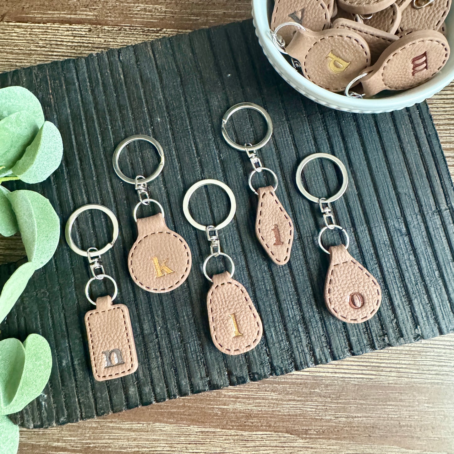 Initial Keychain - Brown Leather