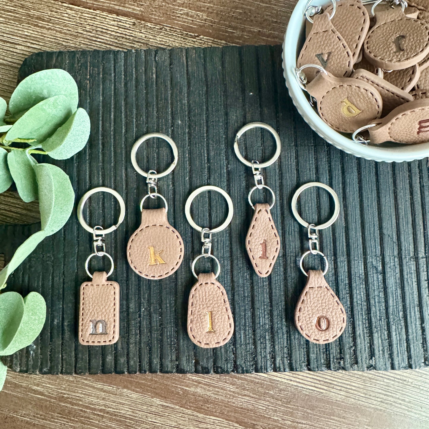 Initial Keychain - Brown Leather