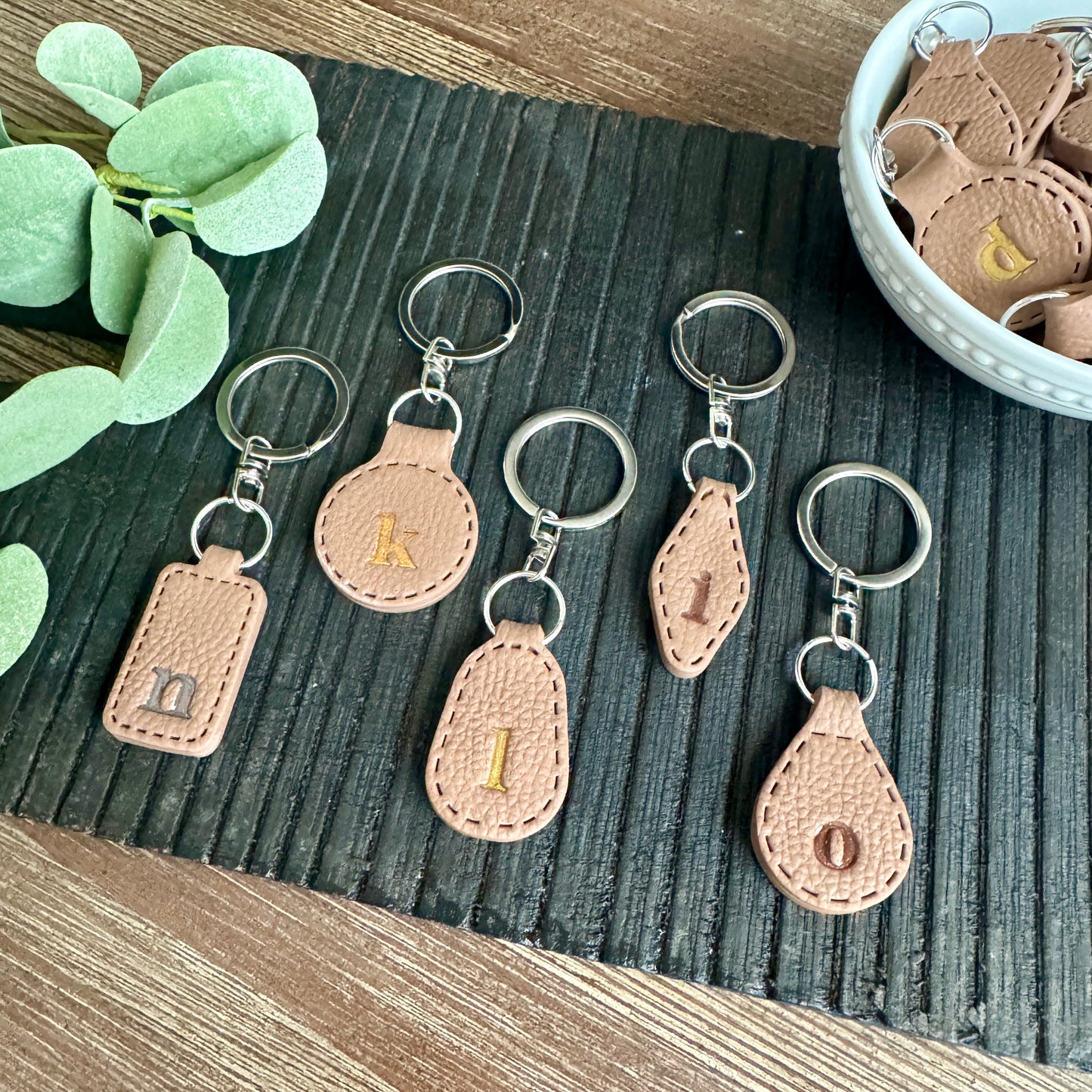 Initial Keychain - Brown Leather