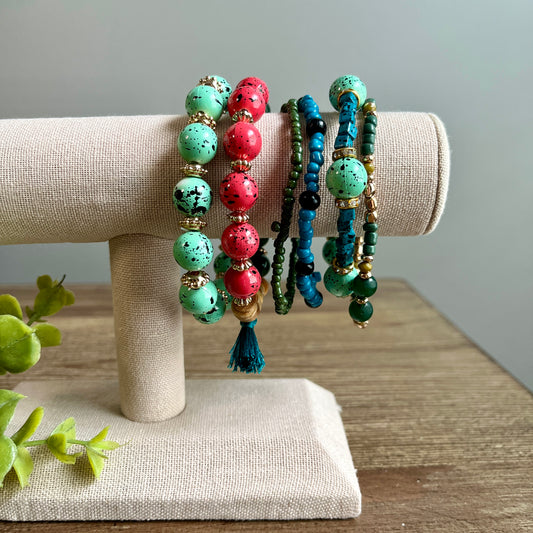 Bracelet Assorted Ball Beaded Stretch Set - Multi